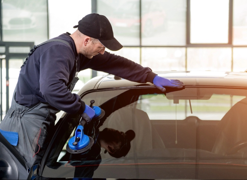 Man replacing windshield vehicle