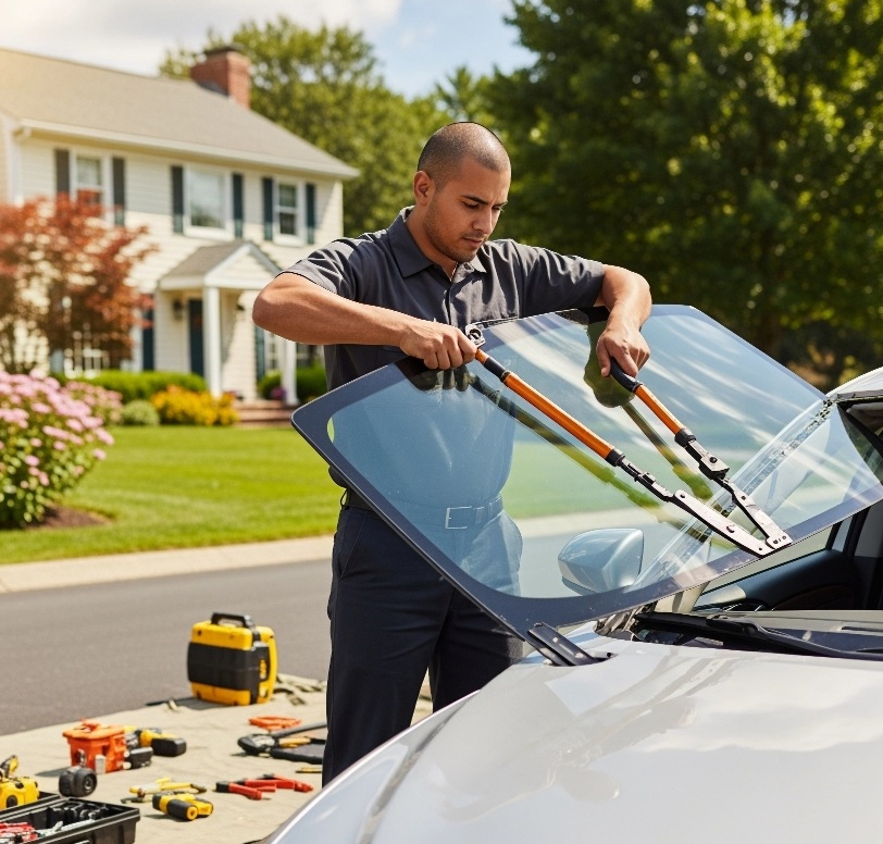 Man replacing car windshield